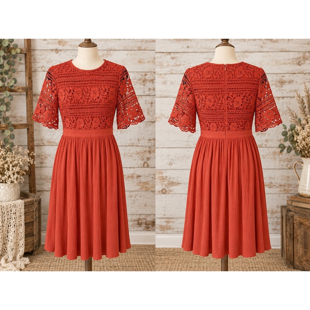 Emery Rose Burnt Orange Floral Crochet Lace Bodice Short Sleeve Dress Medium